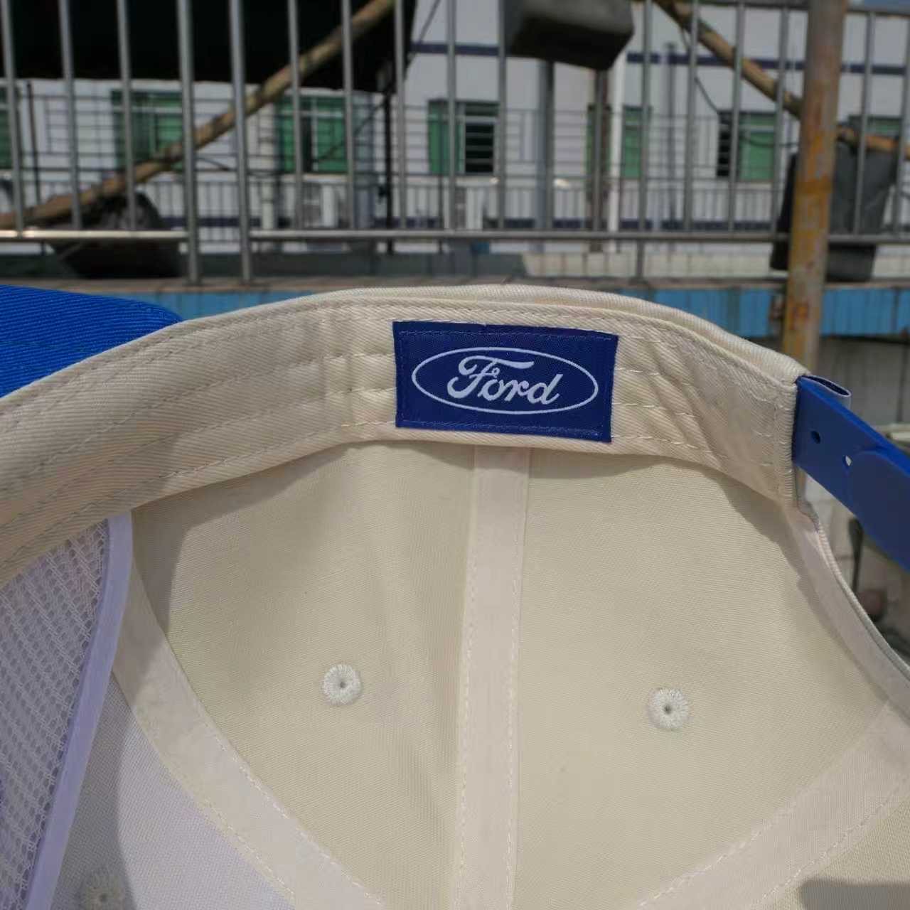 Ford woven interior label in the cream and blue sample