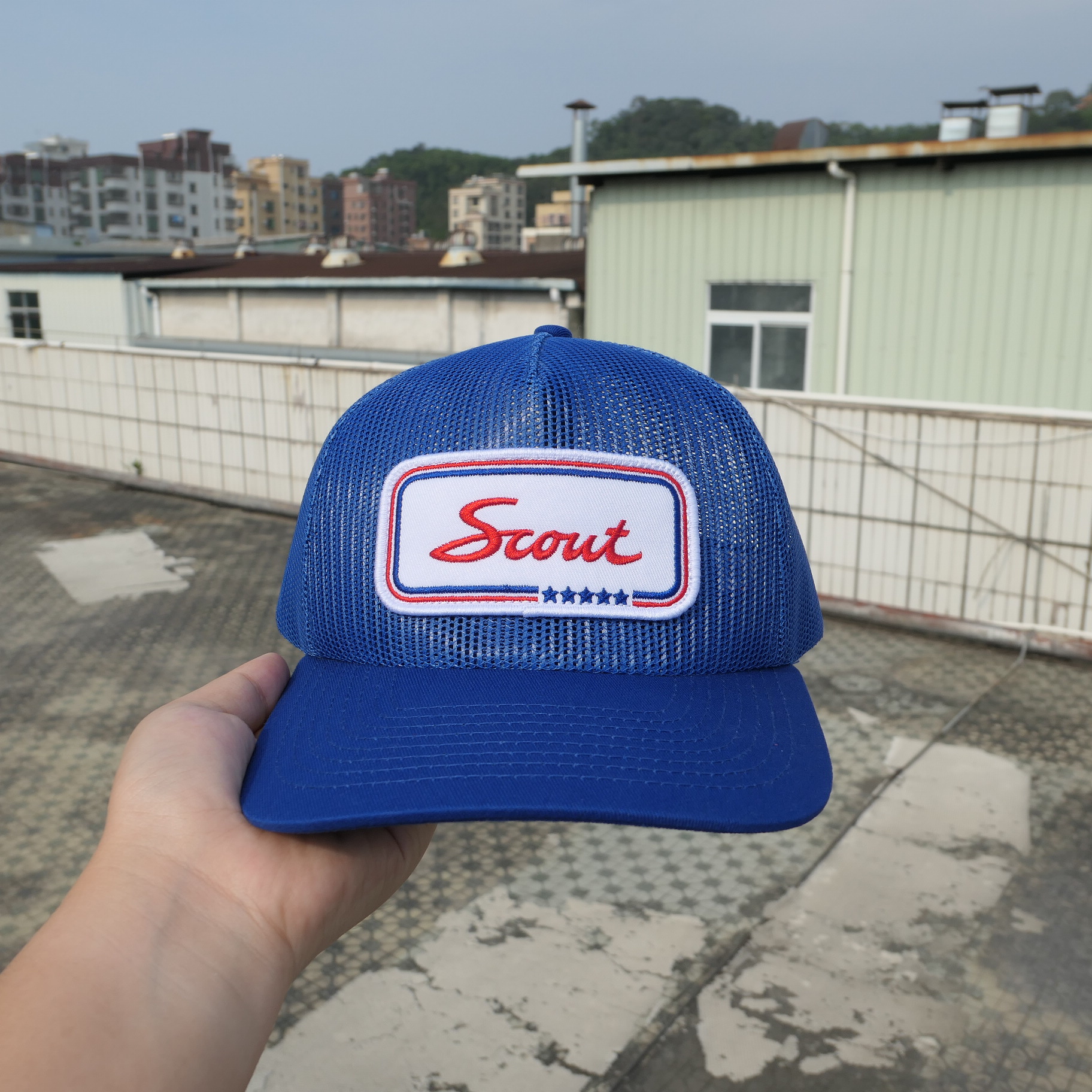 Blue Scout Motors mesh trucker sample with a script patch