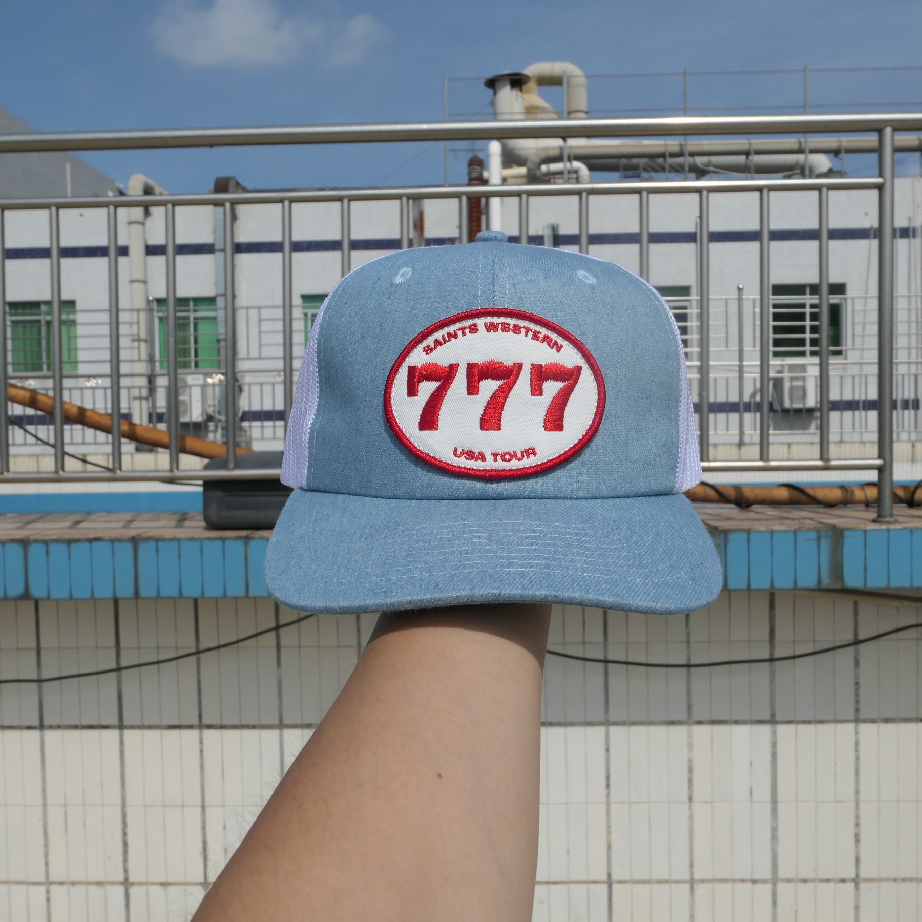 Saints Western denim and white mesh 777 patch cap