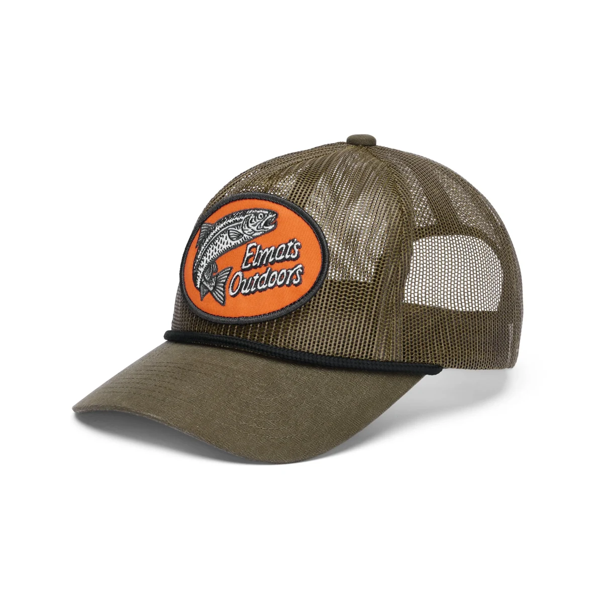 Olive Elmat’s mesh cap with an orange fish patch and black brim rope