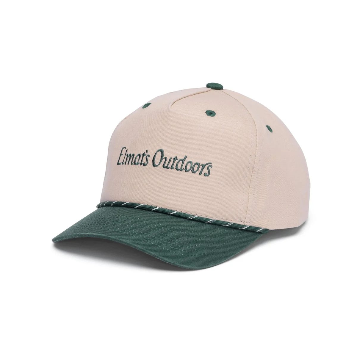 Cream and green Elmat’s cap with green embroidery and a patterned brim rope