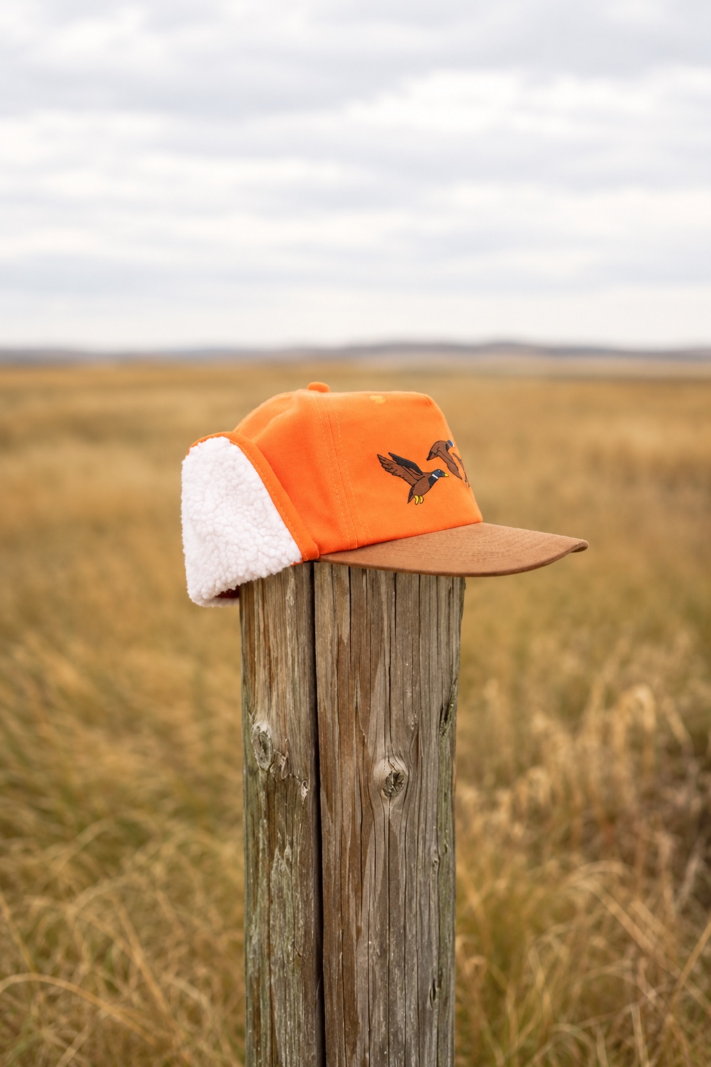 Orange flapjack with flying-duck embroidery, a brown brim and white fleece earflaps resting on a fence post