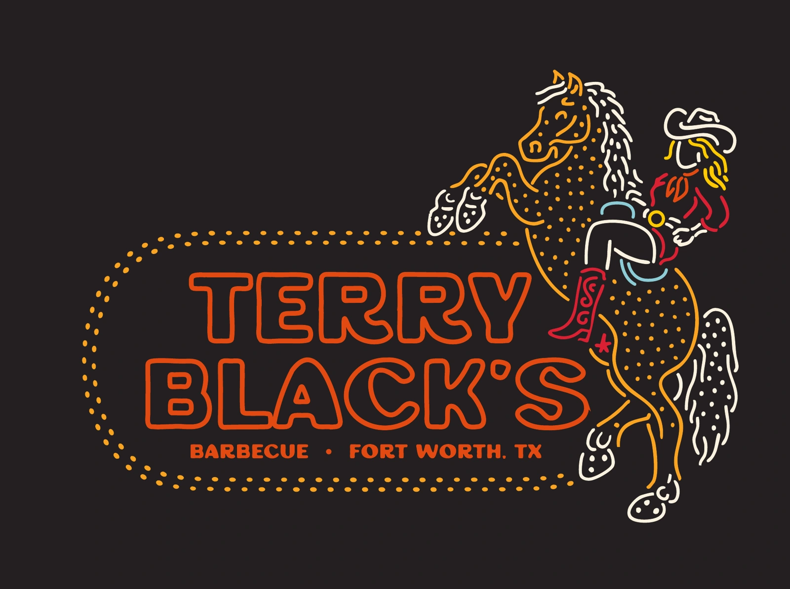 Terry Black’s — Neon cowboy lettering; design exploration graphic artwork