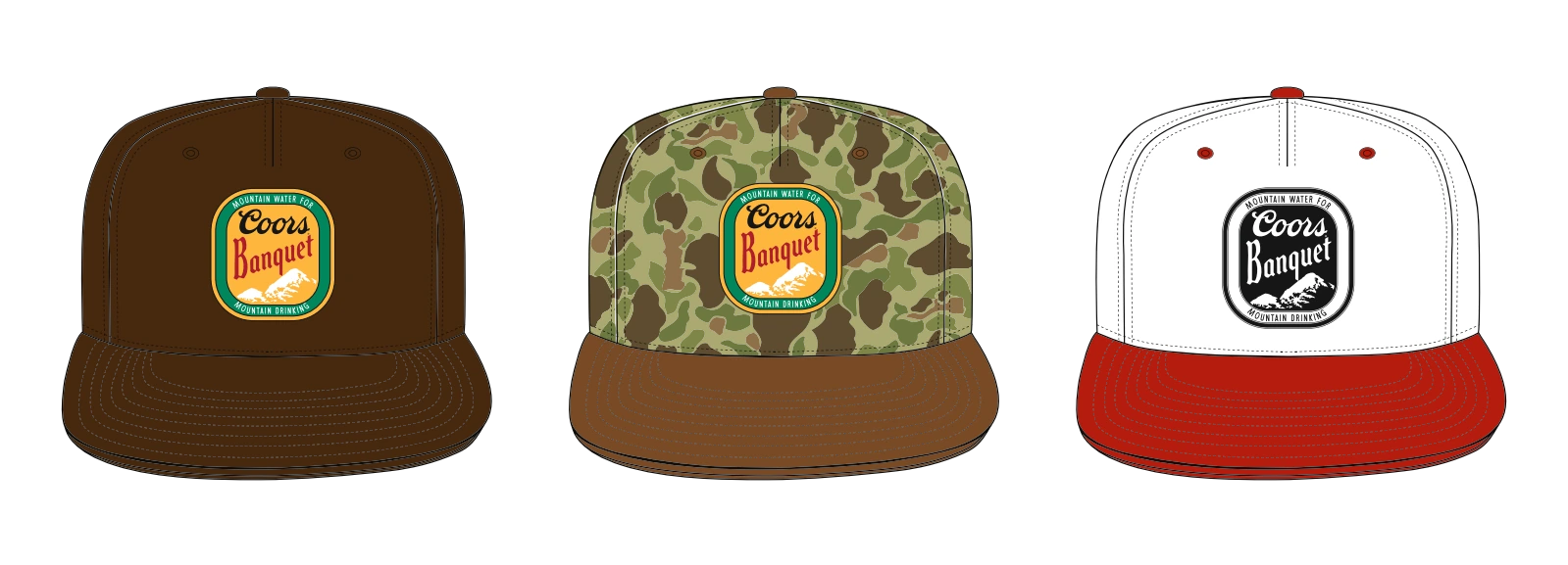 Coors Banquet — Badge colorways on hats; design exploration headwear mockup