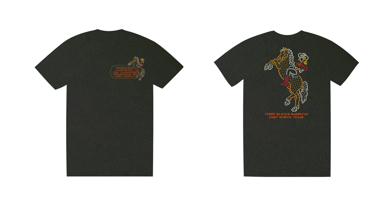 Terry Black’s — Neon graphic applied to tees; design exploration apparel mockup
