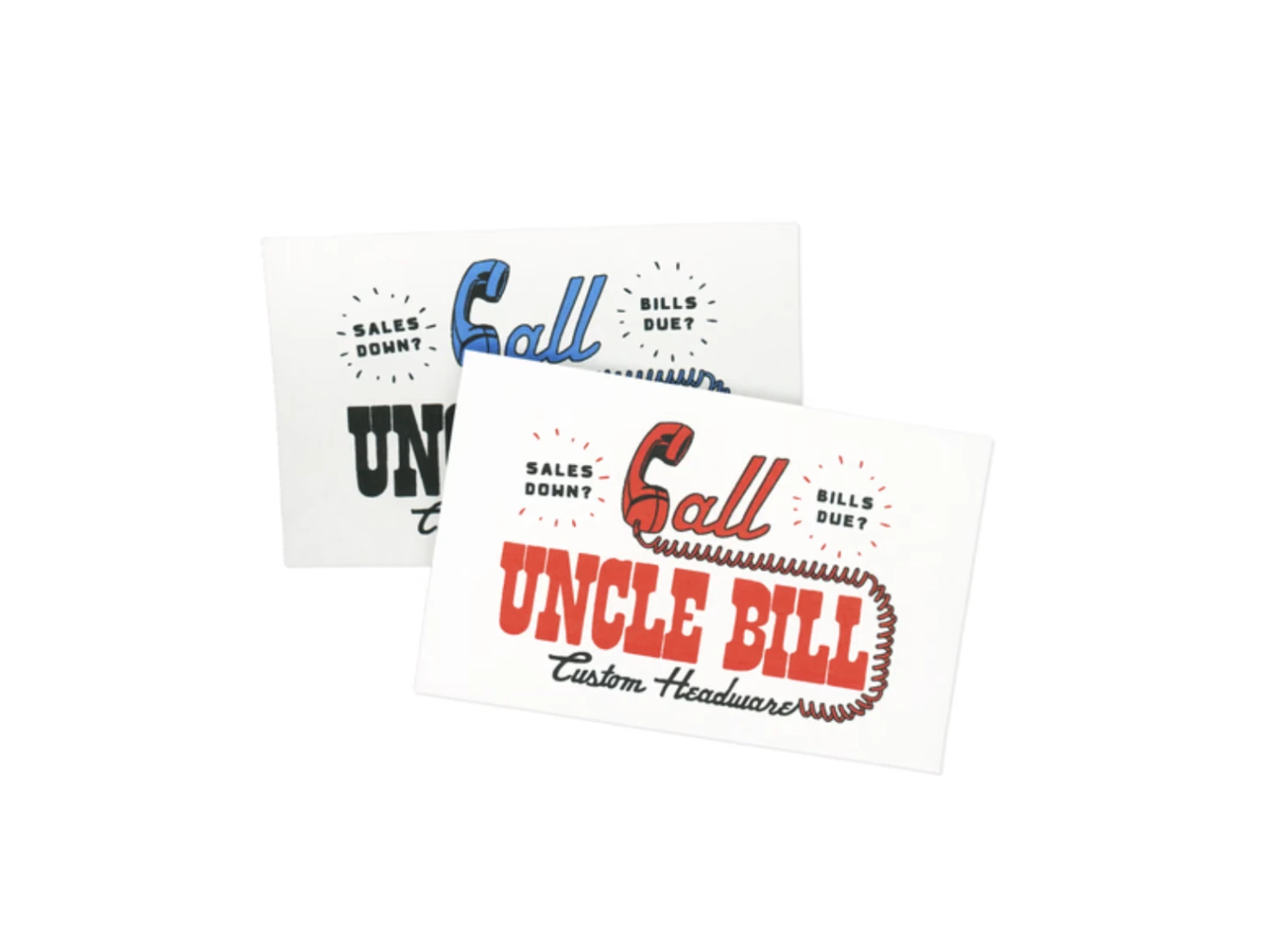 Two Uncle Bill Custom Headwear graphics with red and blue telephone illustrations