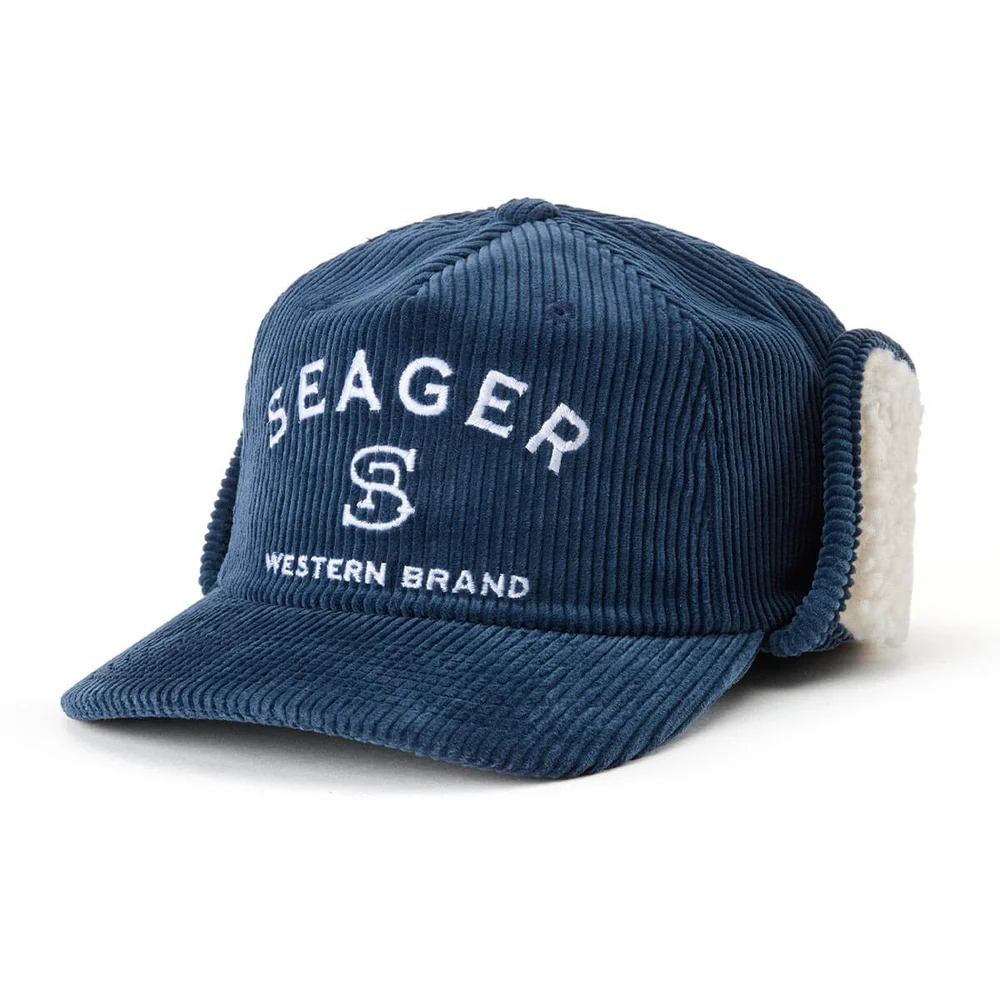 Deep blue corduroy Seager flapjack with white direct embroidery and cream fleece