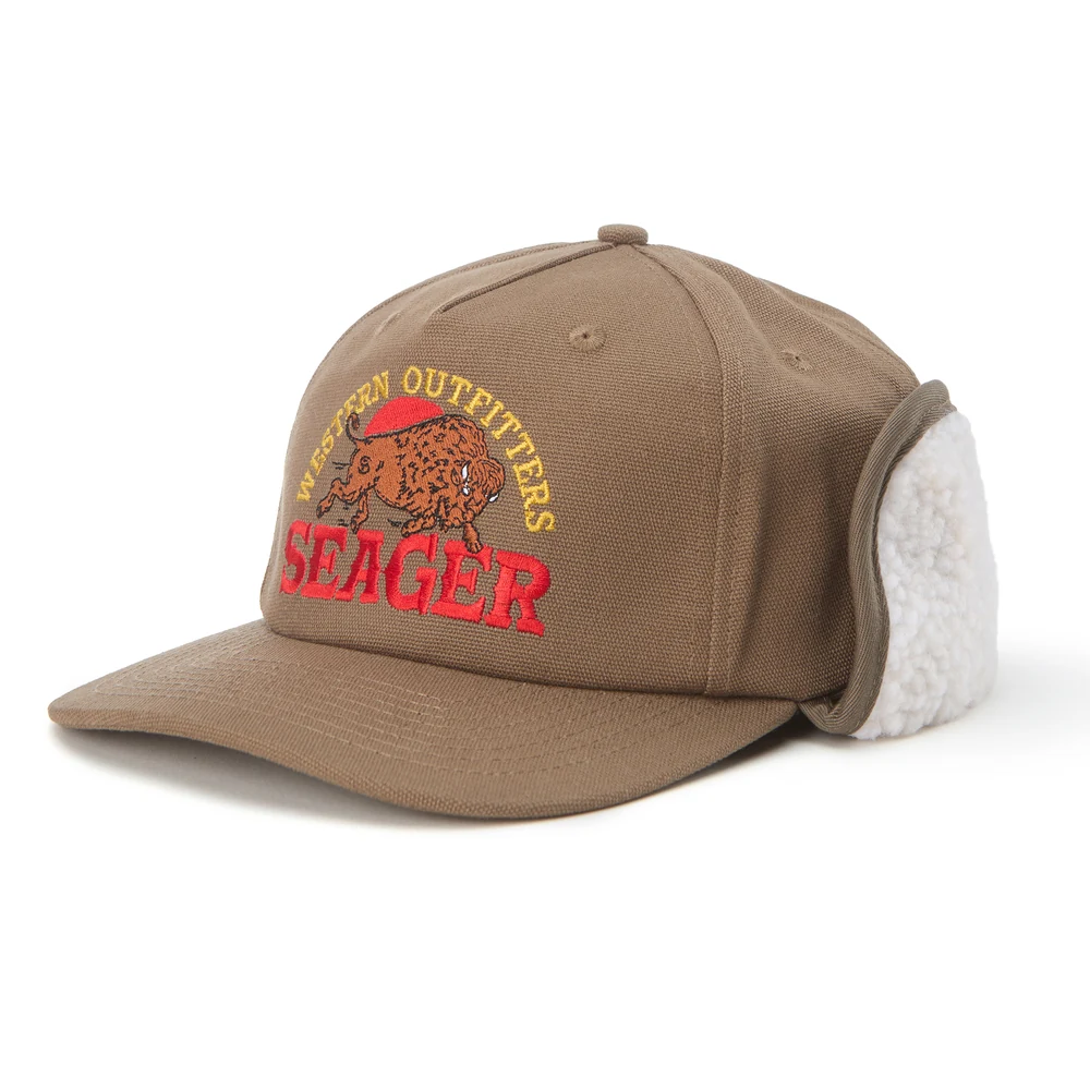 Brown Seager cotton-blend flapjack with red and yellow embroidered artwork and cream fleece earflaps