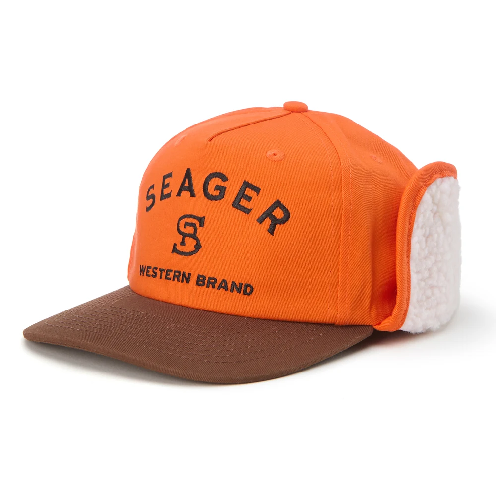 Orange and brown Seager cotton-blend flapjack with diagonal-woven fabric, black embroidery and cream fleece