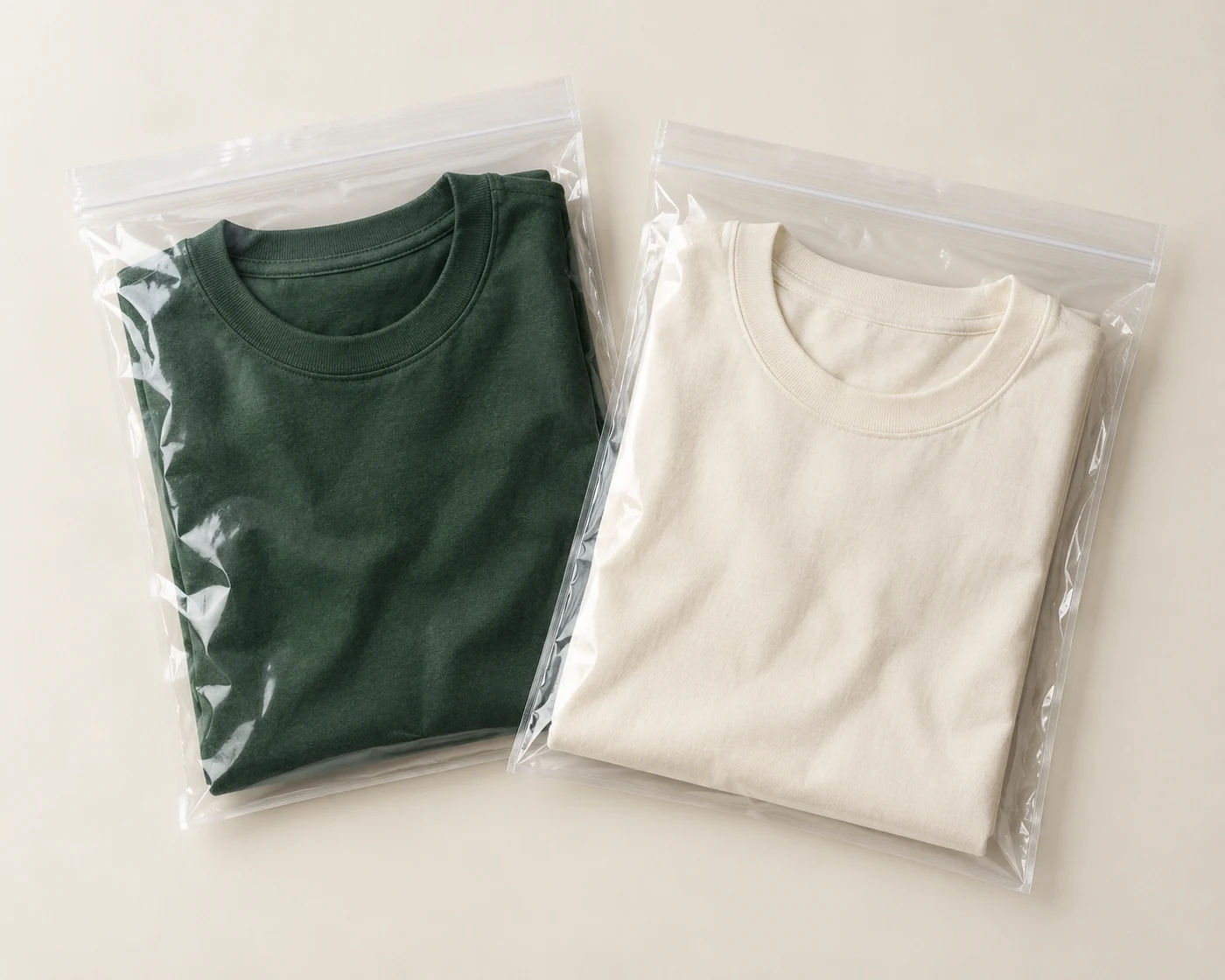 Folded forest green and ivory shirts individually packed in clear resealable polybags, packaging visualization
