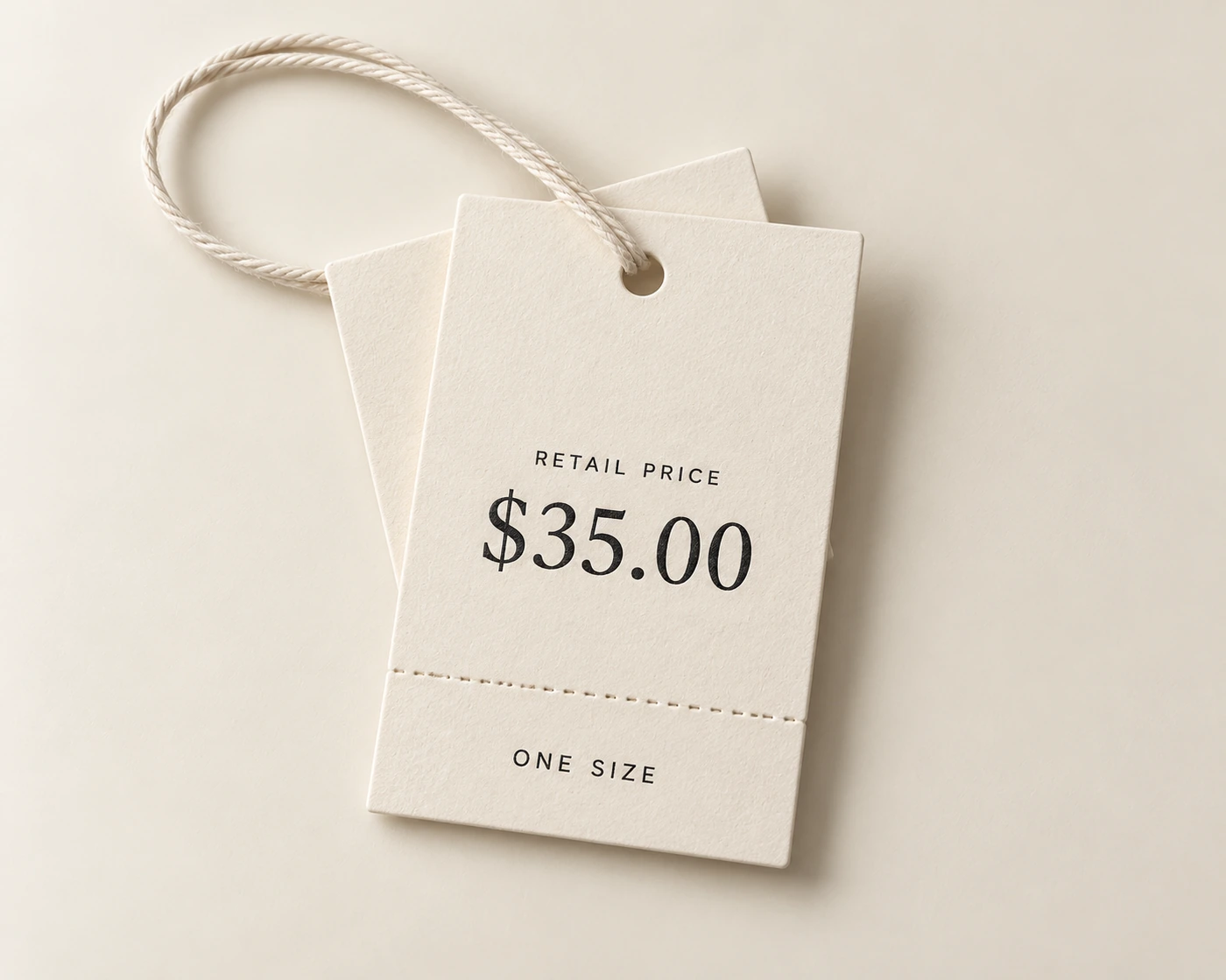 Textured ivory retail price tickets with a perforated lower strip and printed example price, price ticket visualization