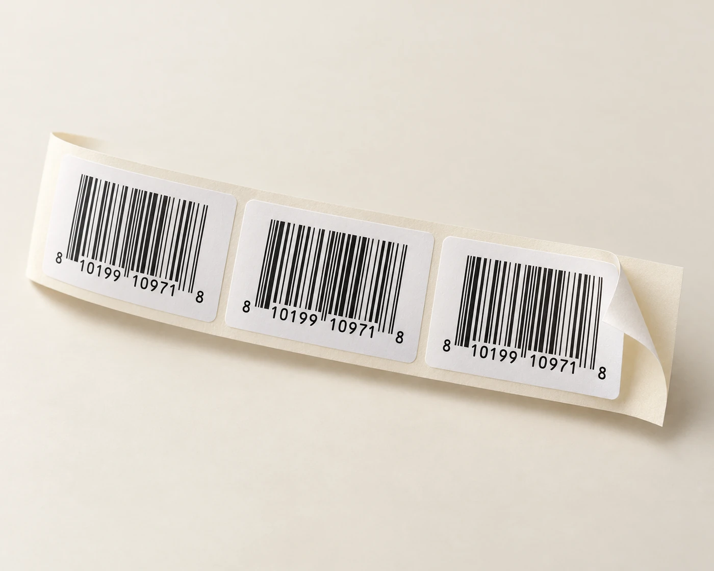 Matte white adhesive UPC labels curling from their release liner on a warm neutral surface, label visualization